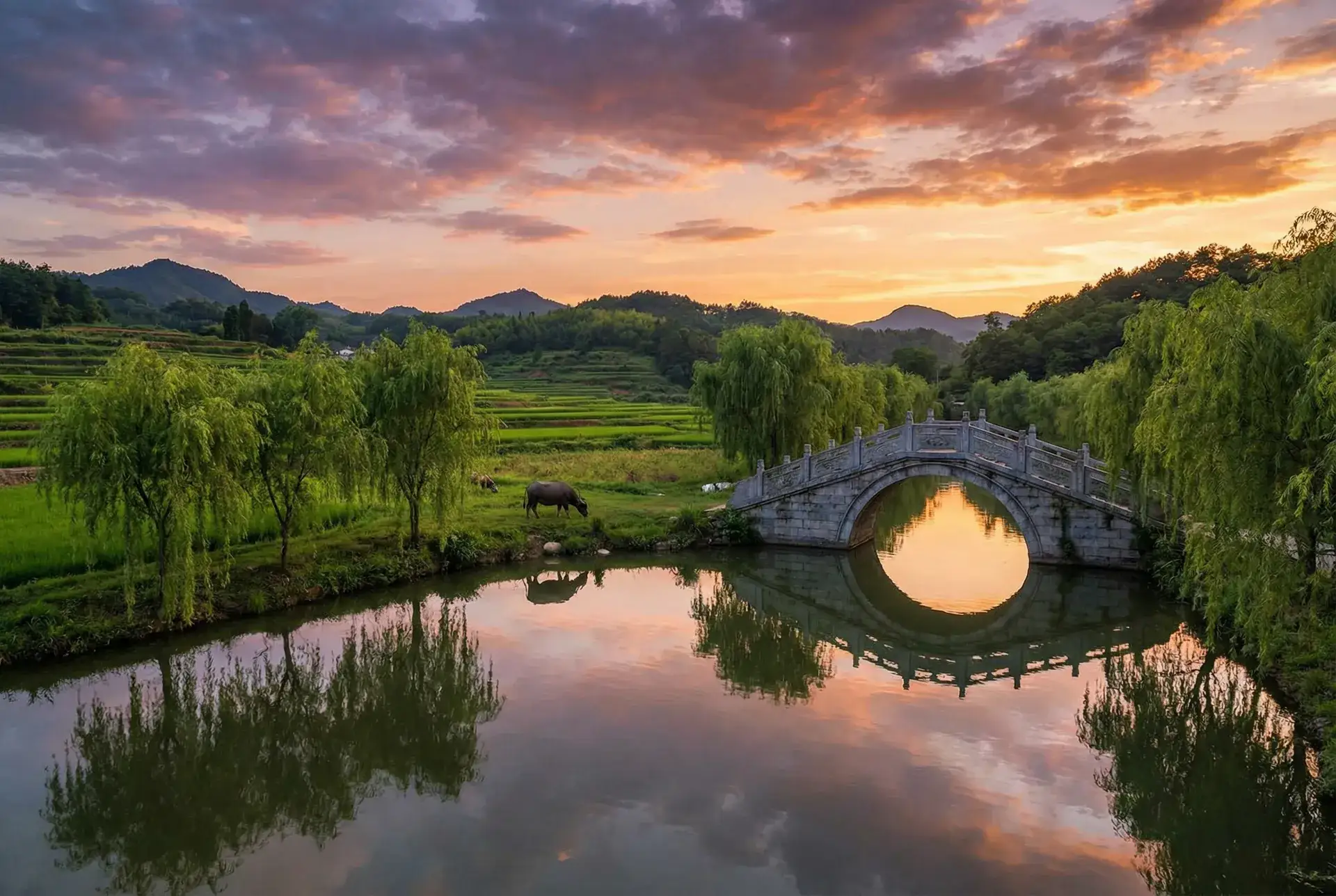 夕阳下的石拱桥与垂柳，水牛在河边吃草 - 利箭行动在线观看 乡村美景